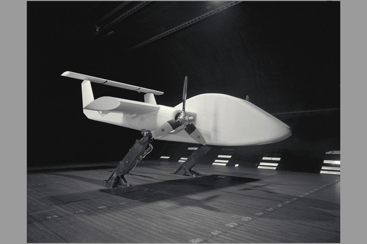 3/4 front view of model with flaps up.  V/STOL Aircraft:  Wind tunnel investigation of rotating cylinder applied to training edge flaps for high lift & low-speed control.