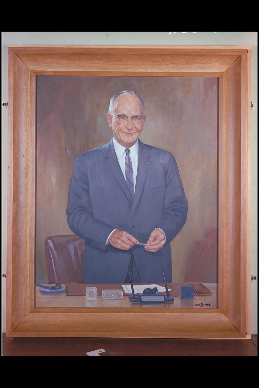 Artist: John Bahrer Oil Portrait: Dr.Smith J. DeFranch,  founding Director of Ames Research Center 1940 to 1965  Note: printed in 60 year at NASA Ames Research Center by Glenn Bugos  NASA SP-2000-4314