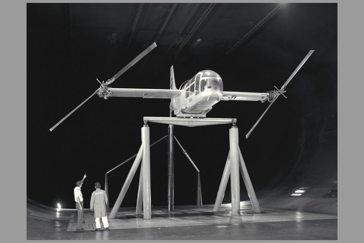 XV-3 in Ames Reseach Center 40x80ft wind tunnel with K. Edenborough and B. Ramsey, engineers Published in The History of the XV-15 Tilt Rotor Research Aircraft (from Concept to Flight NASA SP-2000-4517)
