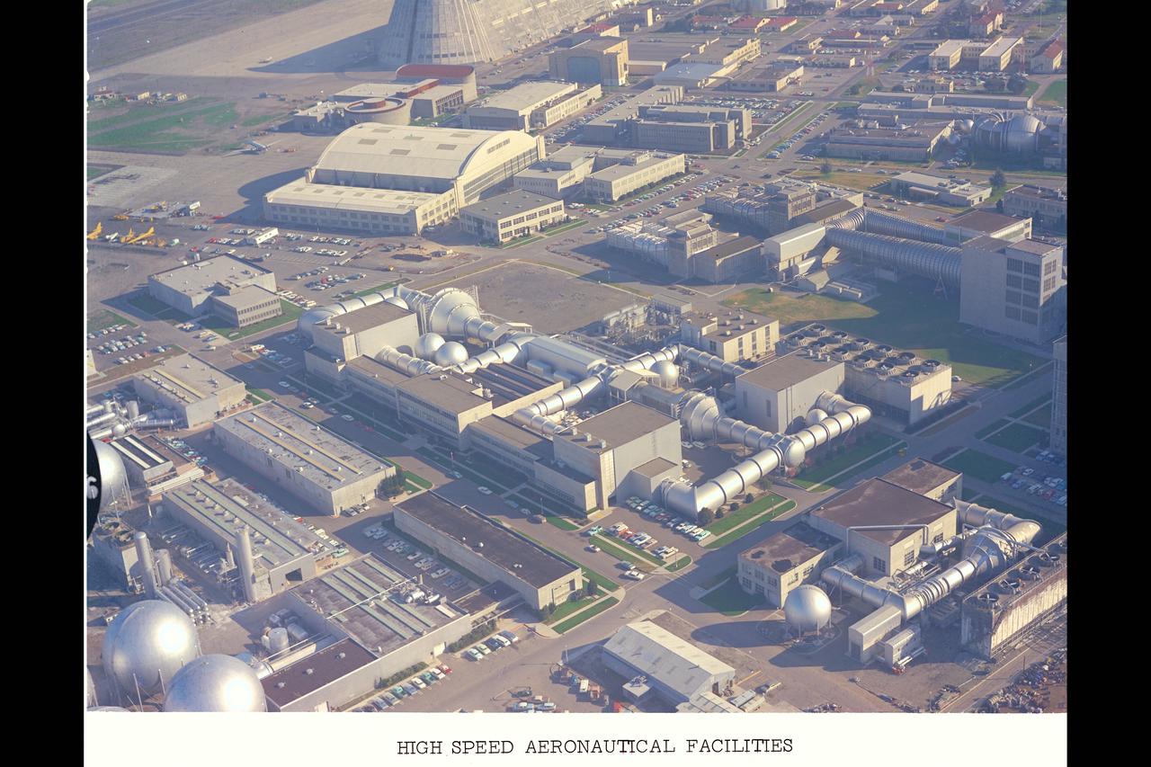 Aerial Survey of Ames Research Center centered on the Unitary Plan Wind Tunnel Complex and High Speed Aerodynamic Facilities (used in Bicentennial)