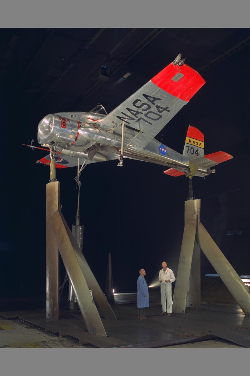 X-14 NASA 704 Full Scale Airplane tests in  40x80ft. Subsonic Wind Tunnel (NORMAL MOUNTING) with Sy Sewell, NASA (left) and Ed Varette, Army (right)