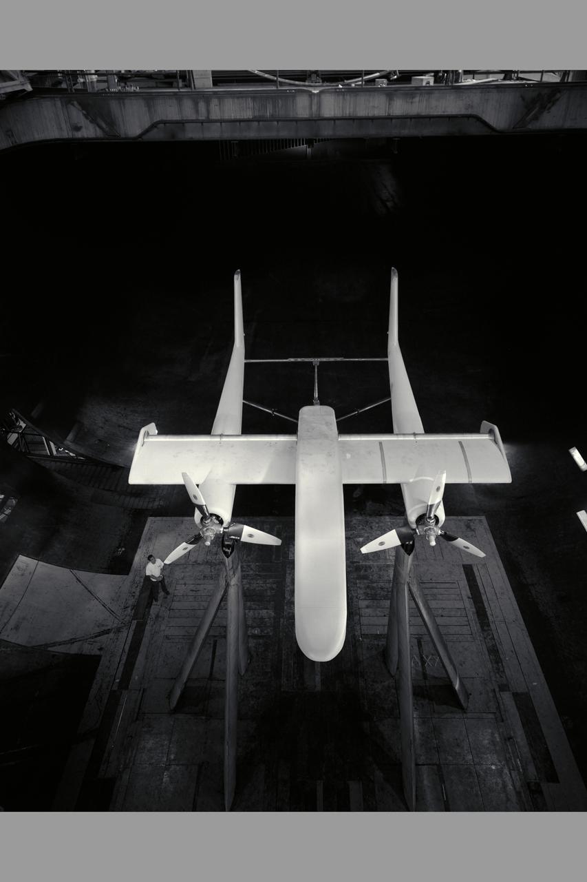 2-Prop. R.C.F. (Rotating Cylinder Flap) in 40 x 80ft. wind tunnel -  overhead view propeller spinning with Chuck Greco.