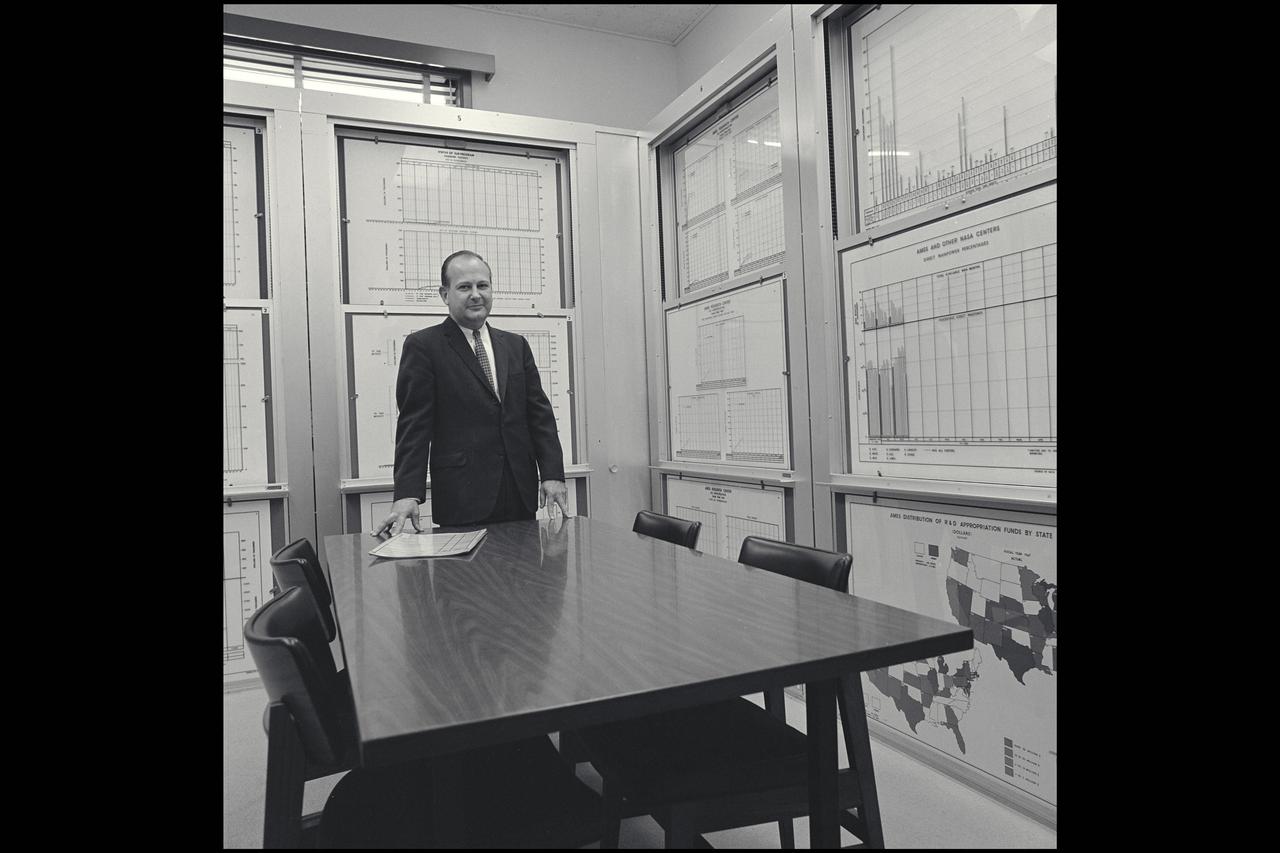 Management process invaded Ames as the Center shifted from NACA to NASA oversight. Ames constructed a review room in  its headquarters building where, in the graphical style that prevailed in the 1960's, Ames leadership could review progress against schedule, budget and performance measures. Shown, in October 1965 is Merrill Mead chief of Ames' program and resources office. (for H Julian Allen Retirement album)