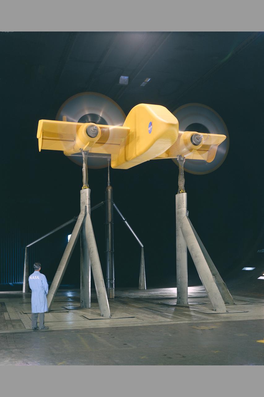 2-Prop. R.C.F. (Rotating Cylinder Flap) in 40 x 80ft. wind tunnel. 3/4 front view propeller spinning with Chuck Greco.