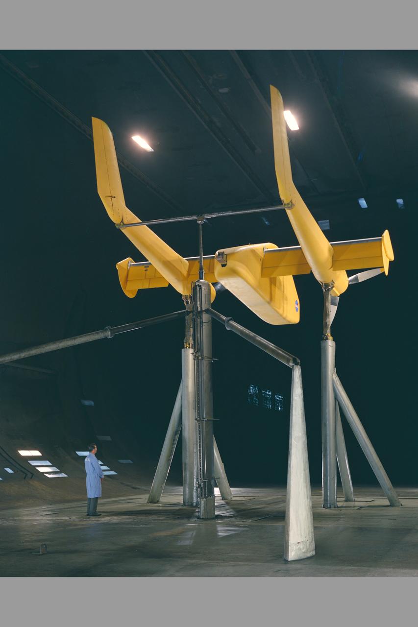 2-Prop. R.C.F. (Rotating Cylinder Flap) in 40 x 80ft. wind tunnel.  -  rear view with Chuck Greco.
