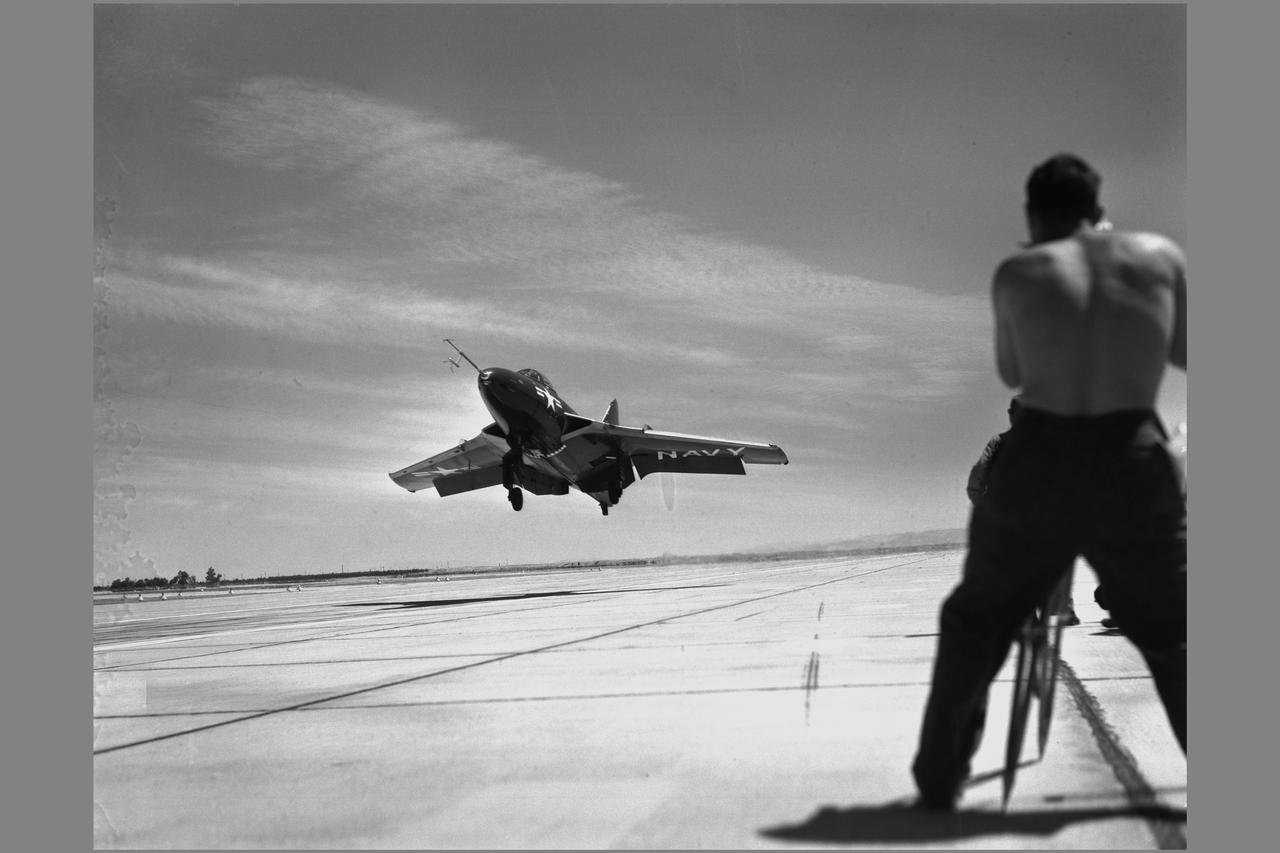 Grumman F9F-6 (Bu. No. 128138) Cougar airplane. EVALUATION OF CARRIER APPROACH TECHNIQUES Boundary Layer Control, STOL, and V/STOL Note: Used in publication in Flight Research at Ames; 57 Years of Development and Validation of Aeronautical Technology NASA SP-1998-3300 fig. 101
