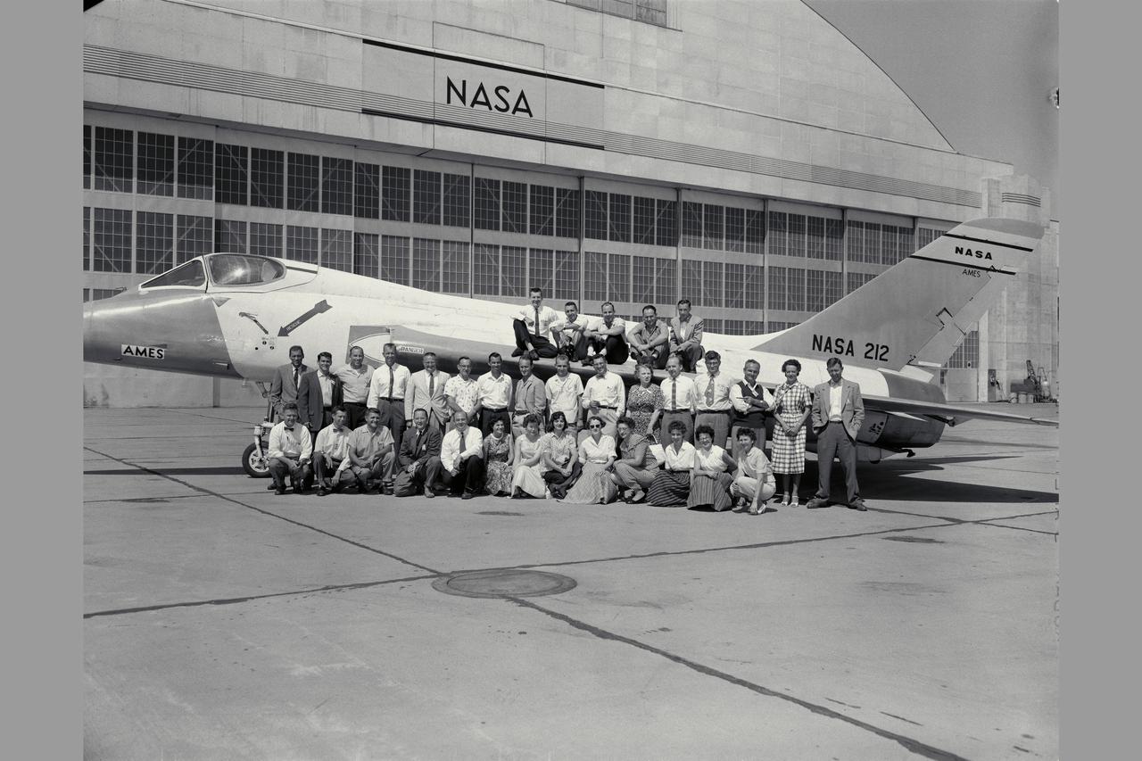 FLIGHT RESEARCH BRANCH PERSONNEL-1959.  FRONT ROW: George Rathert, Stu Brown, Norm McFadden, Howard Turner, Gus Brunner, Venia McCloud, Violet Shaw, Kay Rizzi, Yvonne Settle, Genevieve Ziegler, Anita Palmer, Grace Carpenter, Evelyn Olson. SECOND ROW: Bill Triplett, Alan Faye, Dick Bray, Seth Anderson, Steve Belsley, Hervey Quigley, Hank Cole, Elwood Stewart, Don Higdon, Maurie White, Dorothea Wilkinson, Dick Vomaske, Stew Rolls, Mel Sadoff, Mary Thompson, Brent Creer.  BACK ROW: Ron Gerdes, Joe Douvillier, John Stewart, Rod Wingrove, Walter McNeill. Note:  Used in publication in Flight Research at Ames;  57 Years of Development and Validation of Aeronautical Technology NASA SP-1998-3300 fig 89