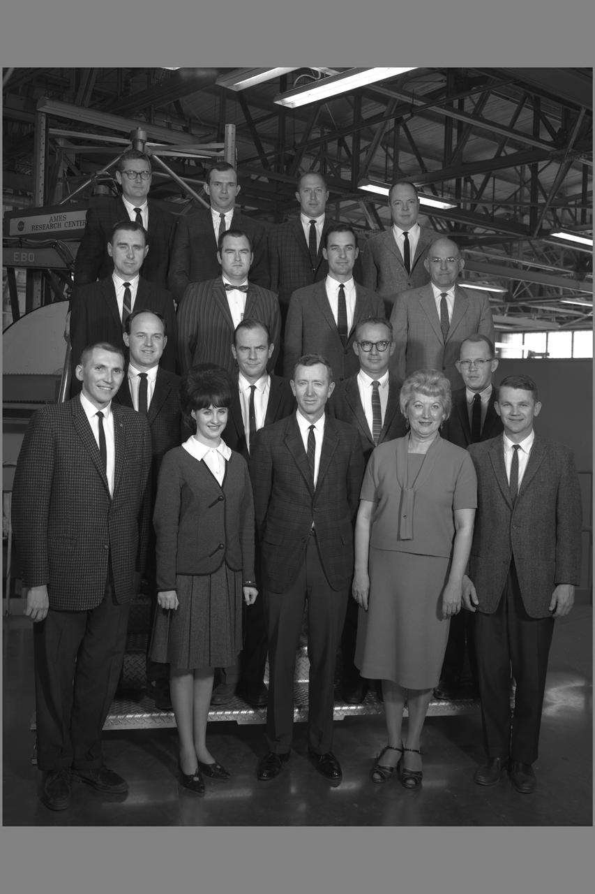 MANNED SPACECRAFT SIMULATION BRANCH PERSONNEL  -  Top row, L-R:  Henry C. Lessing, Dallas G. Denery, Richard Acken, Robert E. Coate.  Secon row, L-R:  Frederick W. Boltz, Kenneth C. White, Gordon H. Hardy, Donald W. Smith.  Third row, L-R:  Rodney C. Wingrove, Bedford A. Lampkin, Armando E. Lopez, DeLamar W. Watson.  Bottom row, L-R:  Richard L. Kurkowski, Michele H. Hilliard, Brent Y. Creer, Grace M. Webster, Frederick G. Edwards.   Note:  Used in publication in Flight Research at Ames;  57 Years of Development and Validation of Aeronautical Technology NASA SP-1998-3300 fig 90