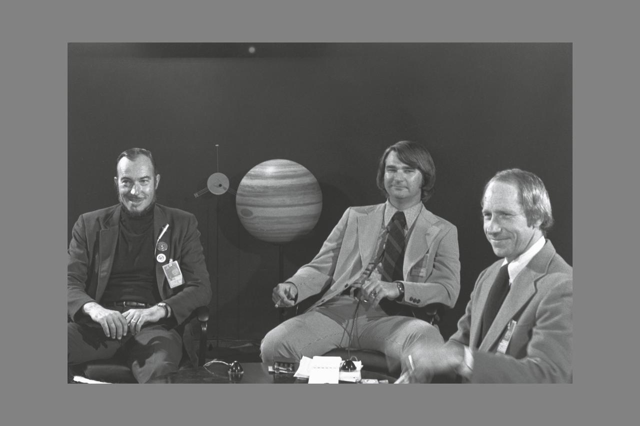 Pioneer 10 and 11 Missions Jupiter encounters - Activities at Ames Research Center December 1973 and December 1974 - As a memento of the highly successful Pioneer 10 and 11 missions to Jupiter, this collection of photographs represents a sampling of those taken at Ames Research Center during the Jupiter encounter periods in December 1973 and December 1974. The captions for these photographs are meant to suggest the lighter side of the intense activities that took place during these periods. I would like to express my gratitude to all participants in the Pioneer 10/11 program for their teamwork in accomplishing the scientific and technical objectives of the Pioneer 10 and 11 missions to Jupiter. (signed) Charles F. Hall - Manager, Pioneer Project L-R: Dr. John H Wolfe, Robert R Nunamaker, Alfred M. Worden