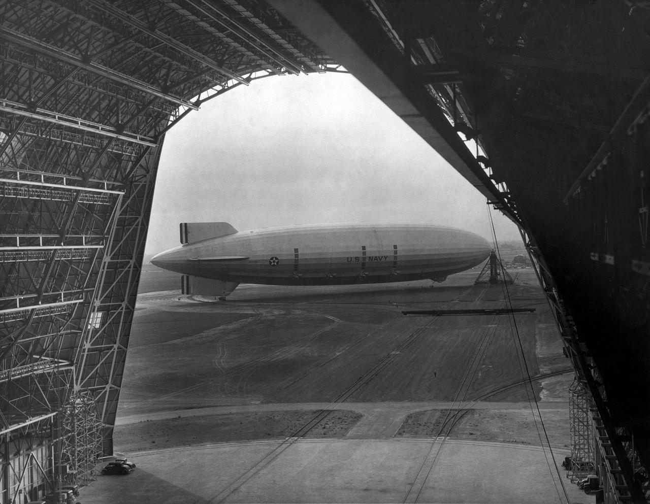 Navy USS Macon Moored at south circle, Mt. View from inside Hangar 1