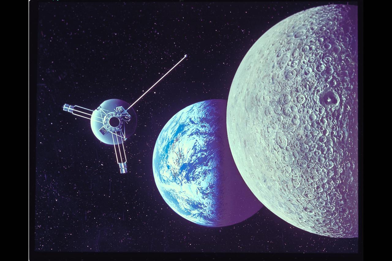 Painting of the Pioneer 10 Spacecraft, by Don Moore, used in an animation sequence in the film “Jupiter Odyssey.” The Pioneer 10 spacecraft is shown eleven hours after launch, leaving Earth and passing the moon on its way to Jupiter. (also used in NASA SP-349)