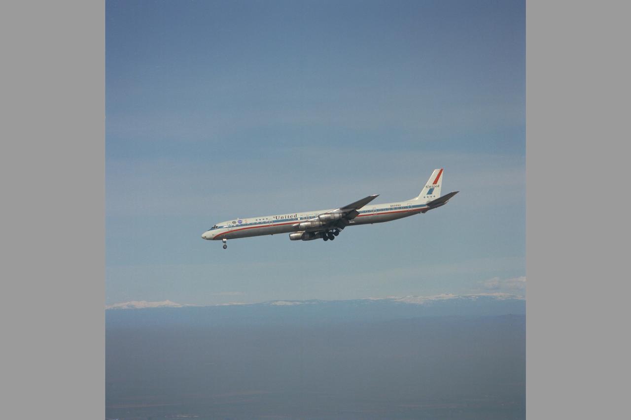 United Airlines DC-8 (N8099U)  Two Segment Evaluation.  In-Flight Thrust Reversing, Steep Approach Research.  The thrust reversing concept was applied to the DC-8 Commercial transport to achieve the rapid descent capability required for FAA certificaiton.     Note:  Used in publication in Flight Research at Ames;  57 Years of Development and Validation of Aeronautical Technology NASA SP-1998-3300 fig 96