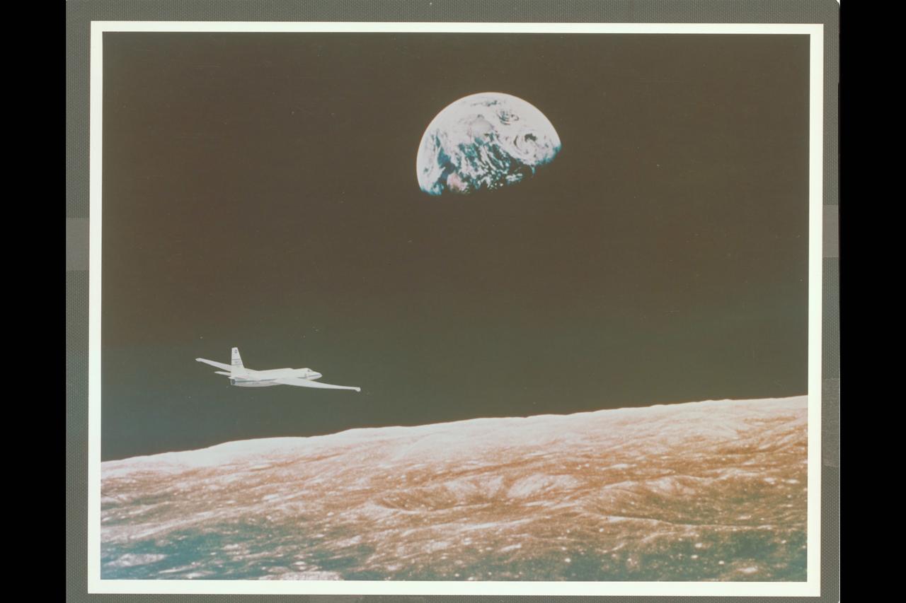 Composite Photo U-2 Aircraft in flight around the moon with the planet Earth in the background.