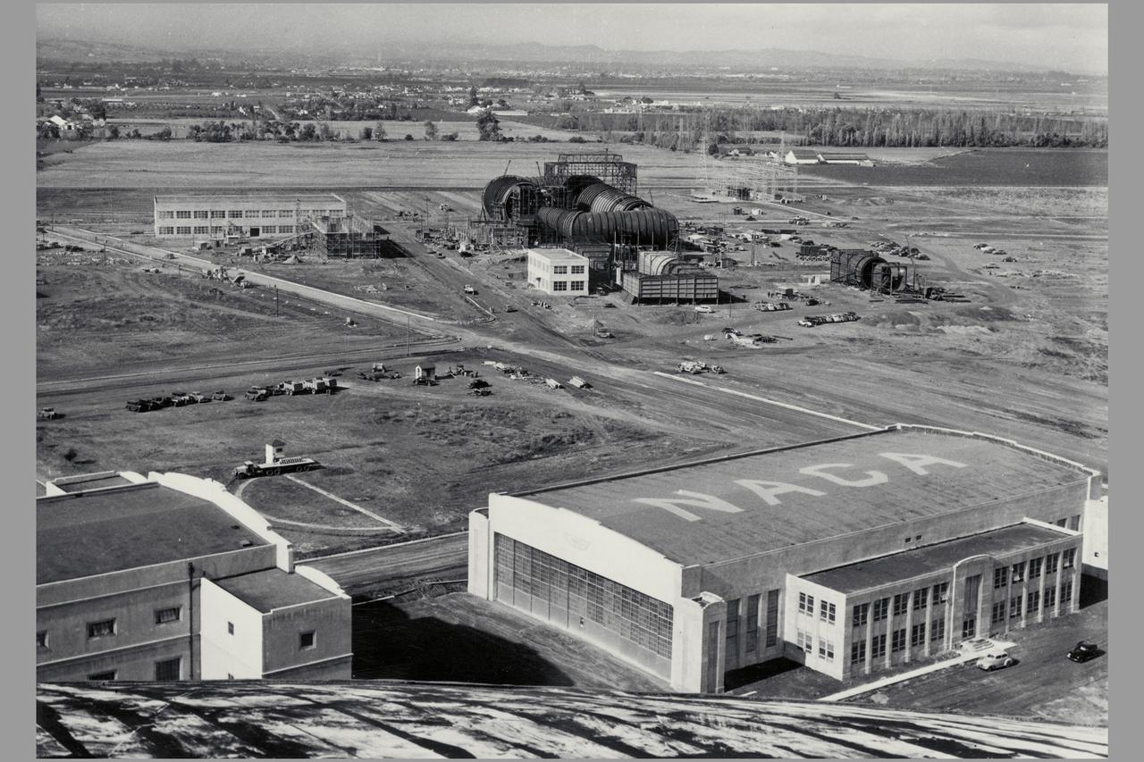 Date: Nov 9, 1940 Aerial view of Ames Aeronautical Laboratory showing Flight Research Lab and Construction of 16ft wind tunnel