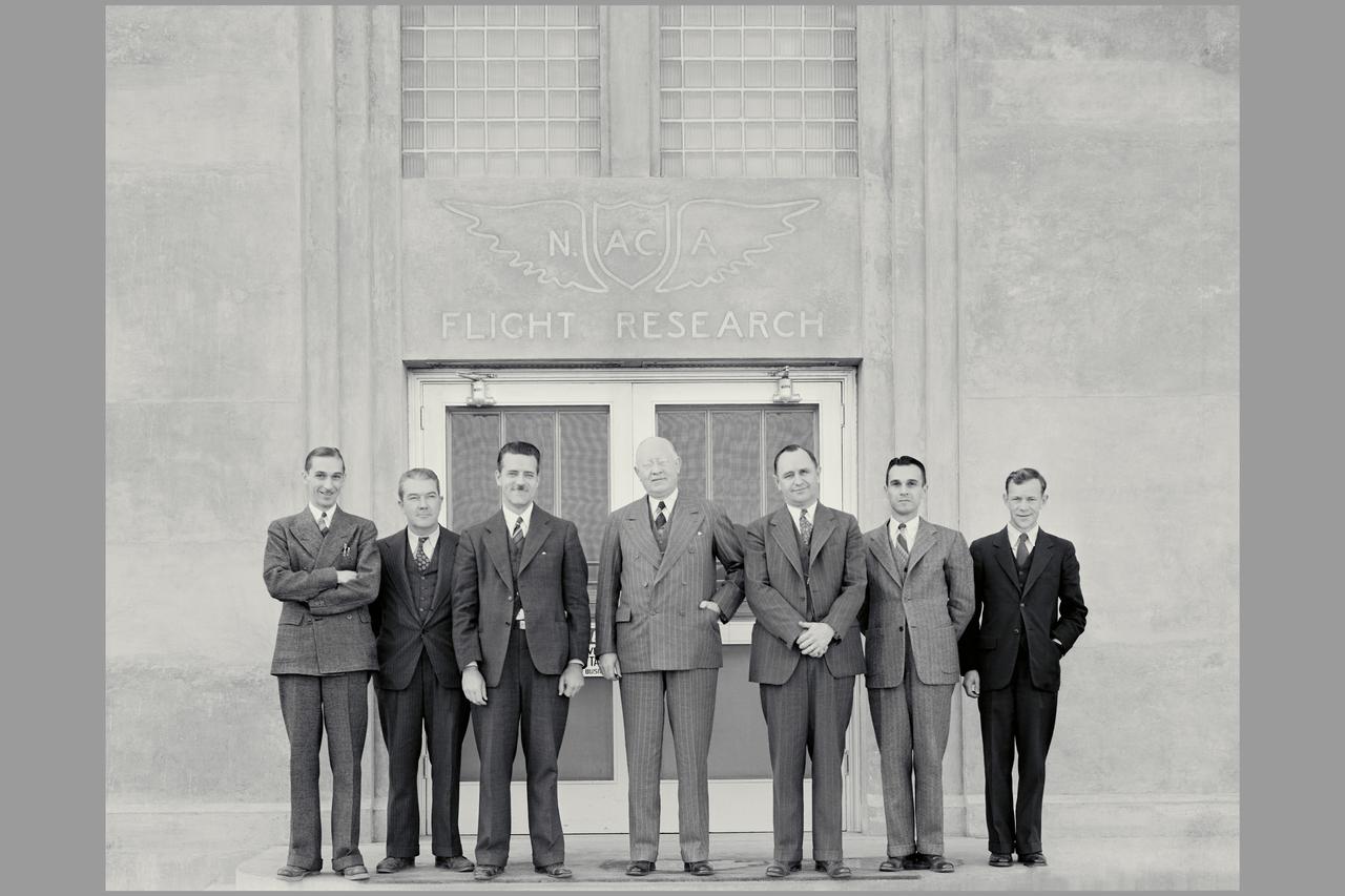 Dr George W. Lewis, NACA Director of Aeronautical Research  (1929-1947) first visit to Ames Lab:  L-R; John Parsons, William Mc Avoy, Donald H. Wood,  Dr. Lewis, S. J. DeFrance, Author B. Freeman, Carlton Bioletti