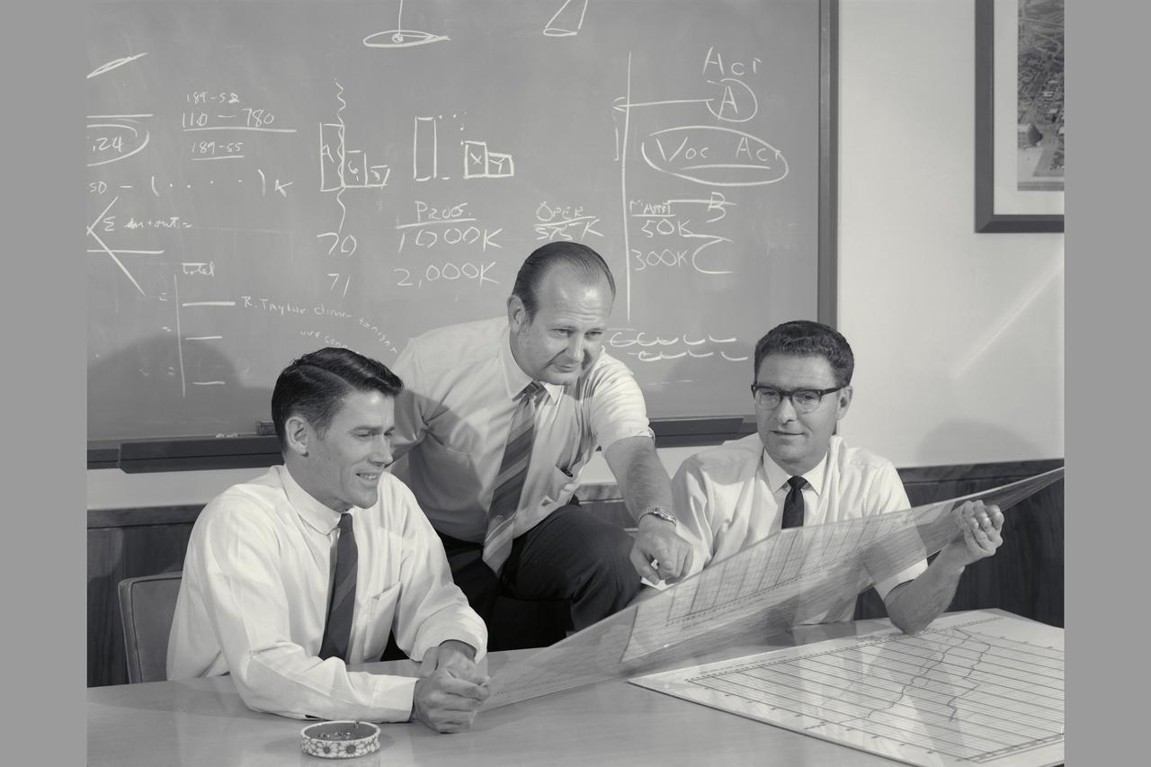 Ames engineers Allen Faye, Merrill Mead and John 'Jack'  Boyd discuss aircraft design and handling