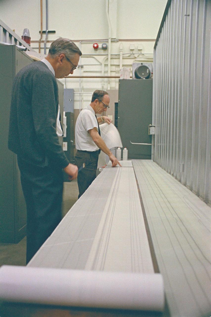 N-221 40x80ft wind tunnel control room engineers read data printout