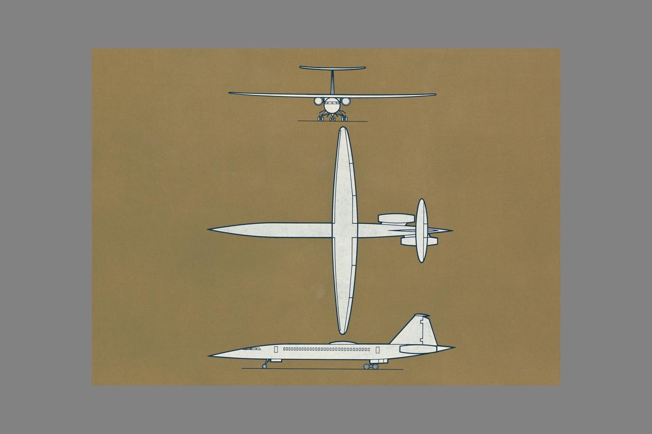 R.T. Jones Oblique Wing model:  singal fuselage - 3 view artwork