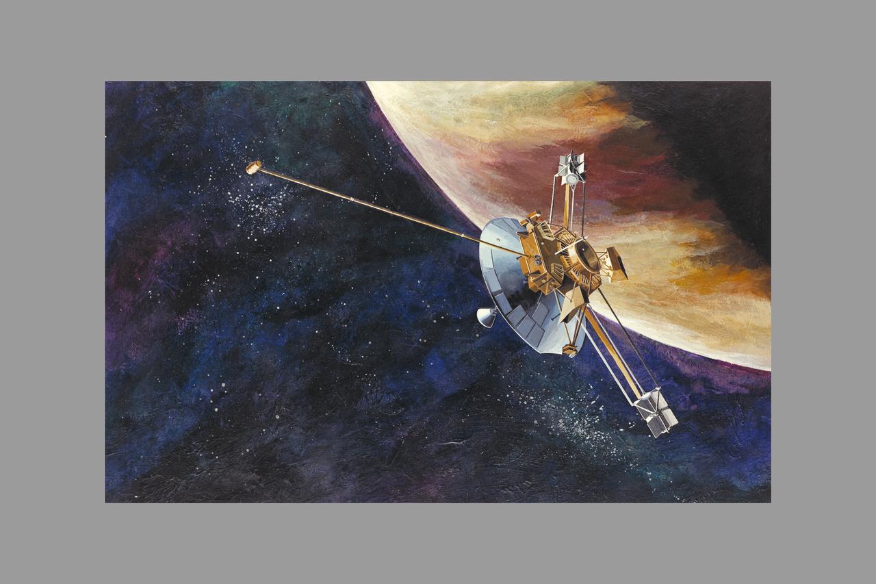 Artist: Rick Guidice Pioneer F spacecraft in orbit around Jupiter