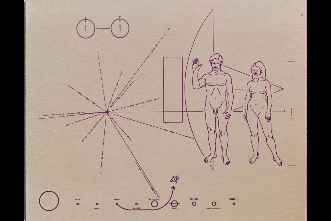 Pioneer F/G Plaque: Pioneer 10 the first spacecraft to leave our solar system carries a message to other worlds. The plaque was designed by Drs. Carl Sagan and Frank Drake, the artwork was prepared by Linda Salzman Sagan.