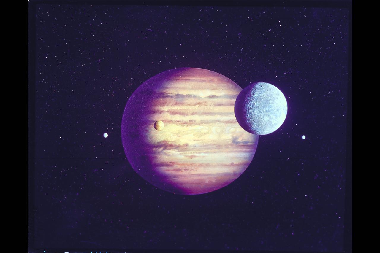 Artwork Pioneer 10 mission artwork depicts Jupiter and it's moons  (Used in NASA SP-349)