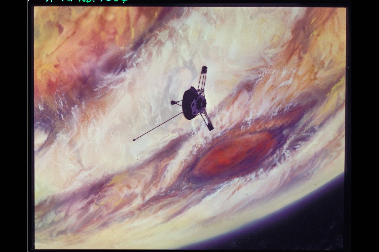 Pioneer 10 Artwork Spacecraft shown during encounter above Jupiter's surface (used in NASA SP-349)