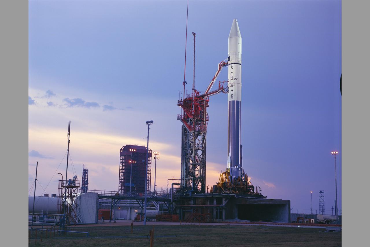 A pre launch view of Pioneer-10 (or F) spacecraft encapsulated and mated with a Atlas-Centaura launch vehicle in preparation for mission to Jupiter