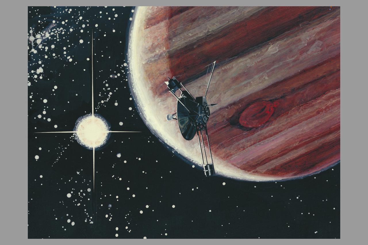 Artist: Rick Guidice Pioneer (10) passing Jupiter (cropped) Mission art