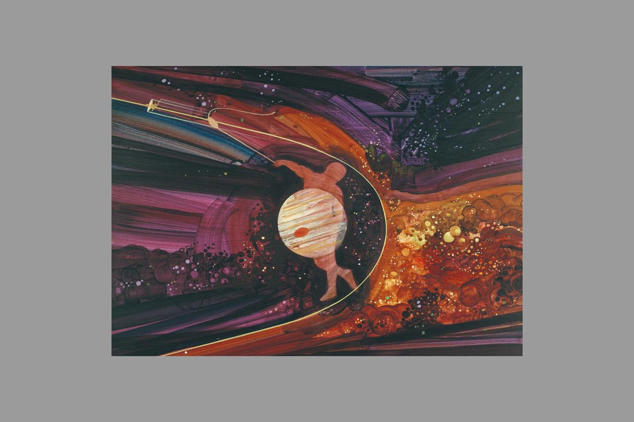 Artist: Rick Guidice Pioneer Jupiter encounters Artwork: The gravity of Jupiter (or of Saturn), coupled with its orbital motion, can be used in a slingshot technique to speed spacecraft to the outer planets. (S.P. fig. no. 1-21).