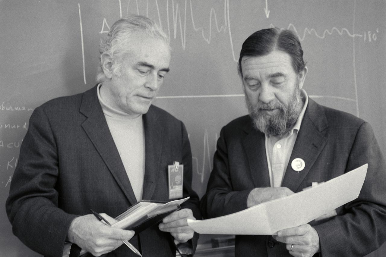 Dr. John A. Simpson and Dr James Van Allen discuss Pioneer 11 Mission to Juiter and Saturn during morning briefing.