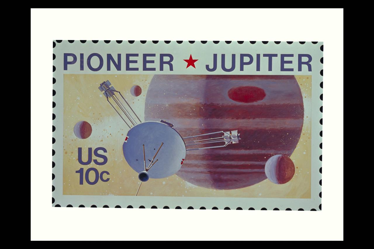 Artwork for the U. S. Postage Stamp released in commemoration of the Pioneer 10 to Jupiter Mission released February 28, 1975 in a ceremony at Ames Research Center