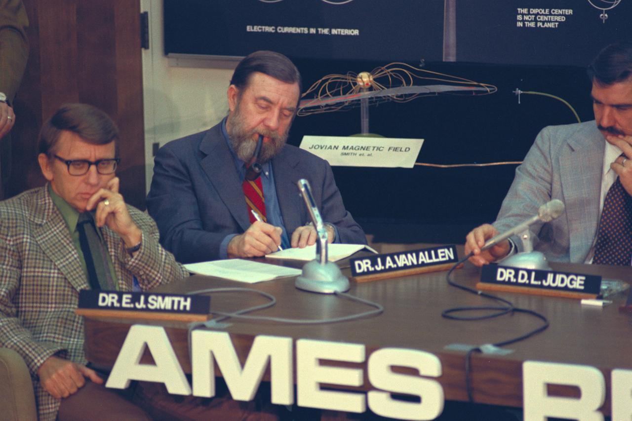 Pioneer 11 Mission to Jupiter: encounter briefing with (L-R) Dr. E. J. Smith, Dr J. A. Van Allen, and Dr D. L. Judge