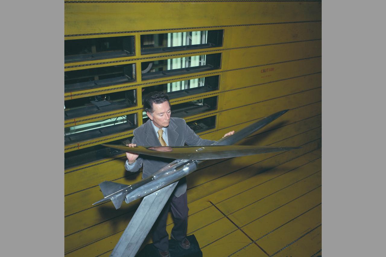 Oblique wing in 11ft. wind tunnel with R. T. Jones.  Test-11-026.