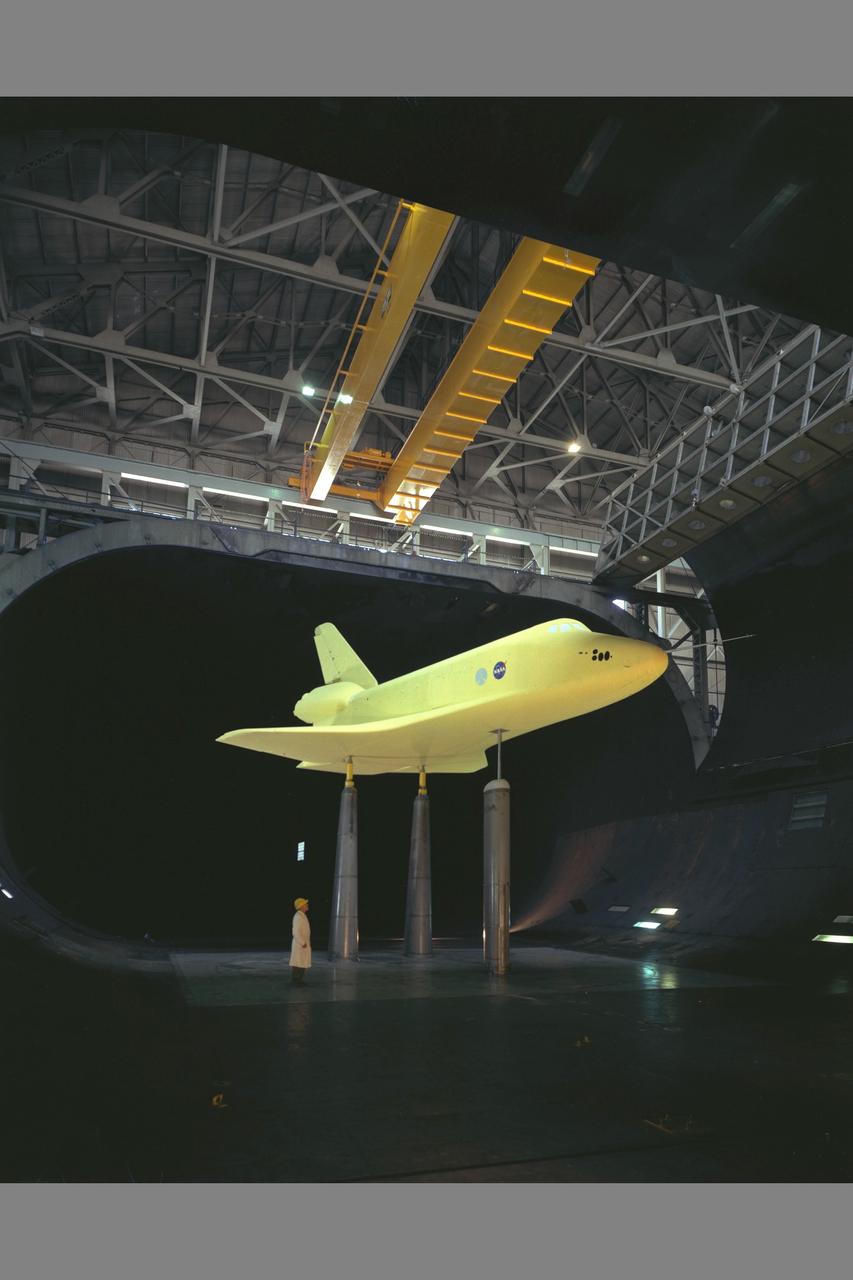 Space Shuttle Orbitor Model (A-100) testing in the NASA Ames Research Center 40x80ft Subsonic Wind Tunnel
