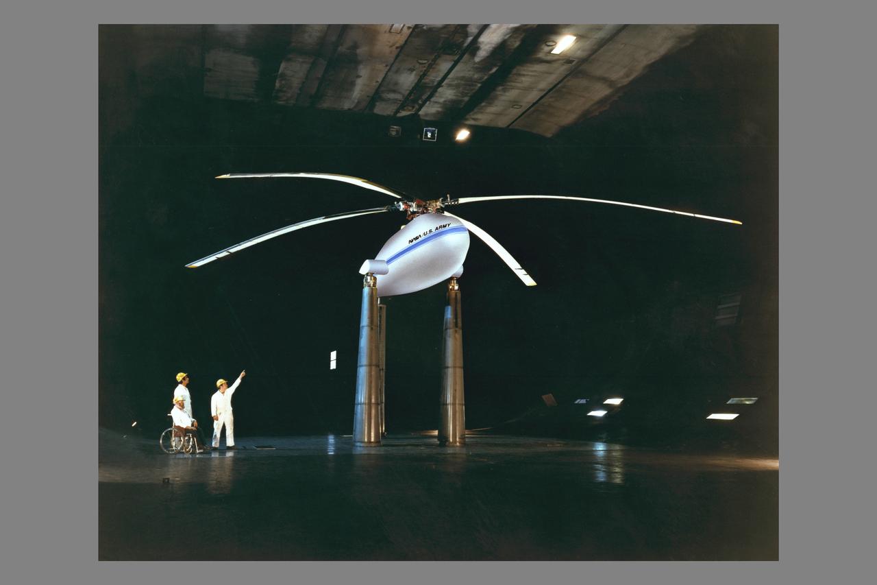 Controllable Twist Rotor test installed in 40x80ft w.t.  W/B Mandwyler, A Lemnios, J McCloud, in wheelchair (airburshed image)