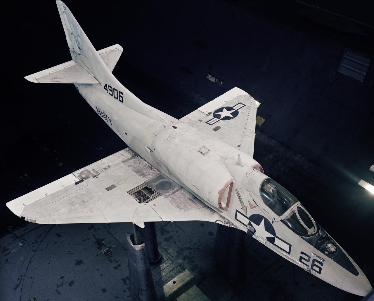 Battle Damage test conducted in the Ames 40x80ft. Subsonic Wind Tunnel, Ames Research Center Moffett Field, CA on the Navy A-4B airplane  (The delta winged, single-engined Skyhawk was designed and produced by Douglas Aircraft Company model I.d. Numbers 4906 and 3A244)