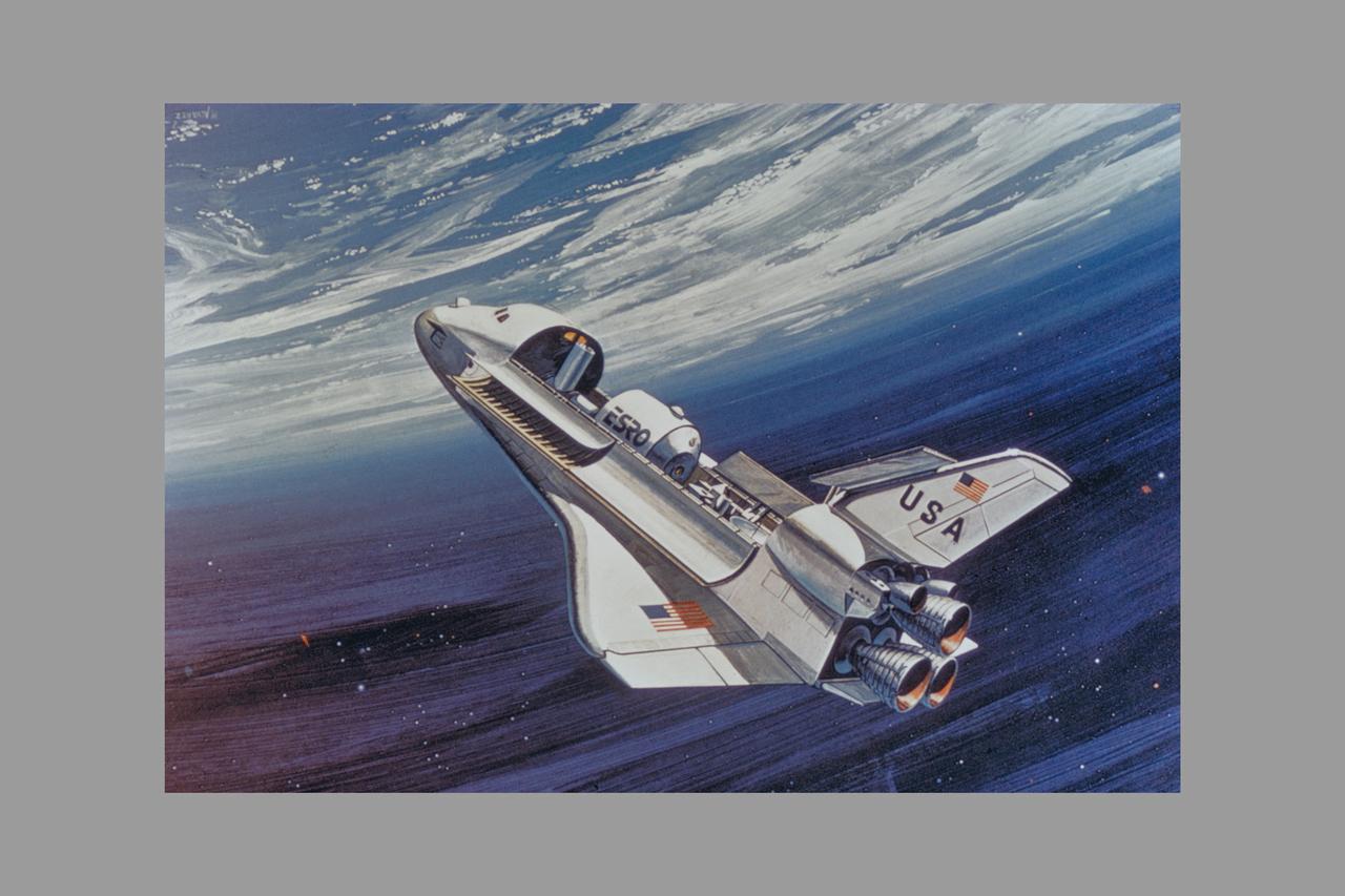 Shuttle Service (view of spacecraft).  Space shuttle delivers part for Space Colony