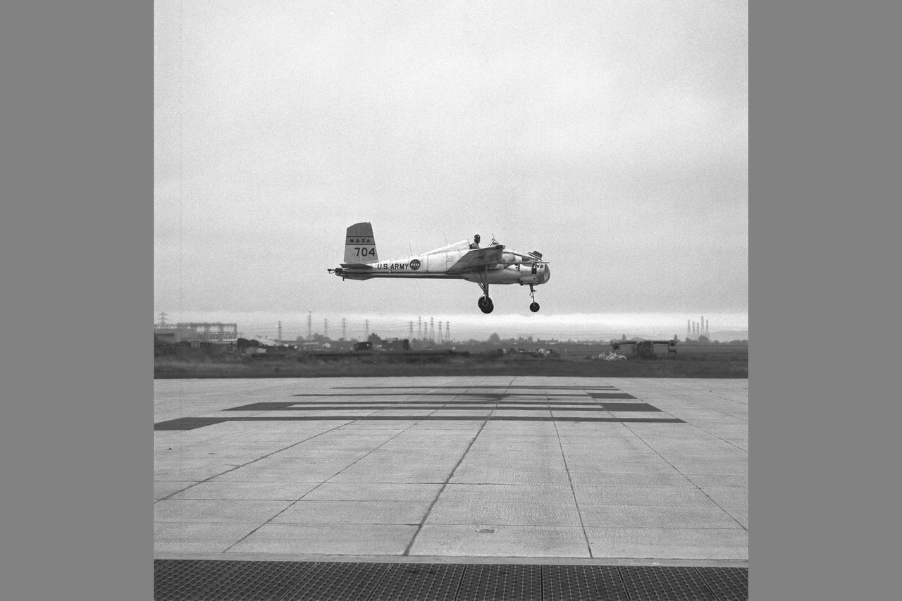 X-14 Aircraft during hover flight tests at VTOL test pad