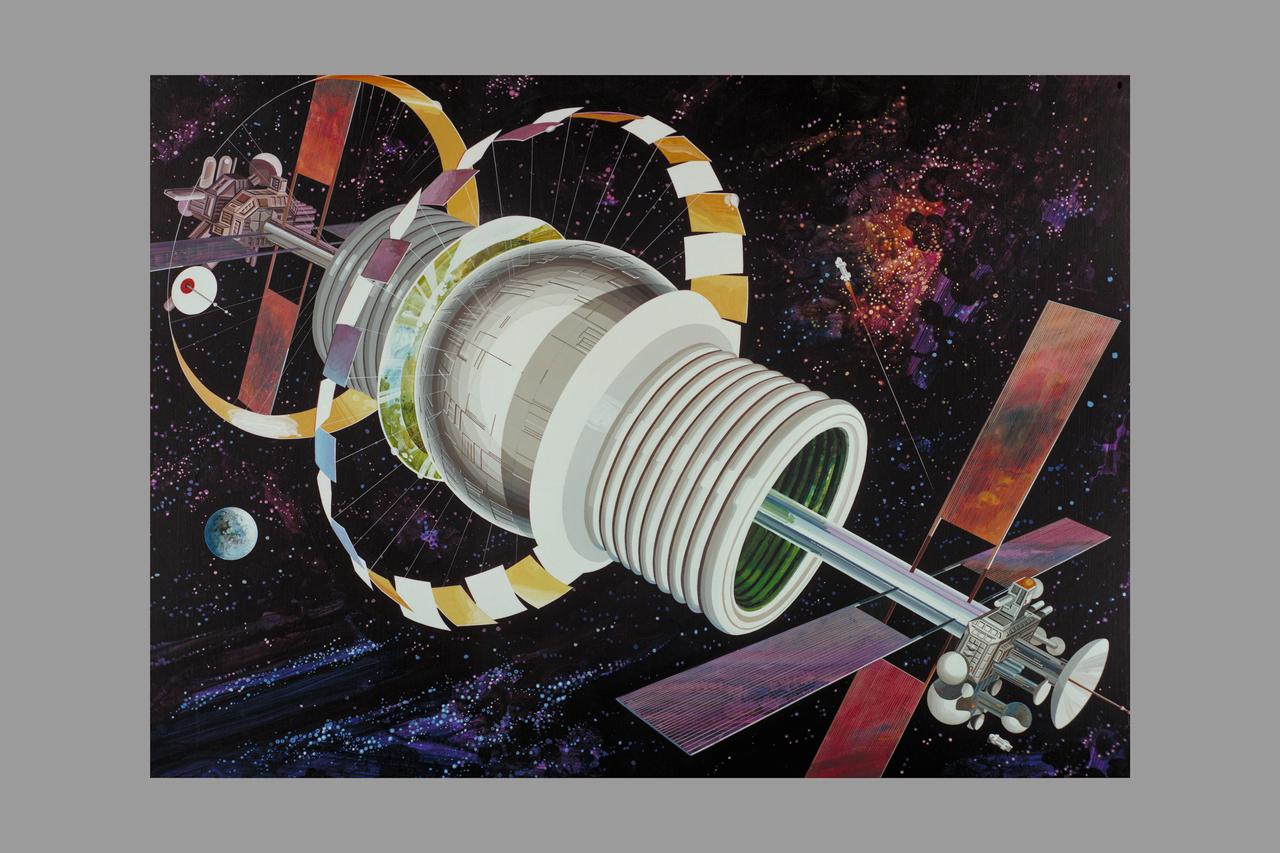 Artist: Rick Guidice Space Colonization - Bernal Sphere - The residential area  is in the central sphere. Farming regions are in the 'tires.' Mirrors reflect sunlight into the habitat and farms. The large flat panels radiate away extra heat into space, and panels of solar cells provide electricity. Factories and docks for spaceships are at either end of the long central tube. (NOTE: art printed in Book 'Space Colony - Frontier of the 21st Century by Franklyn M. Branley)