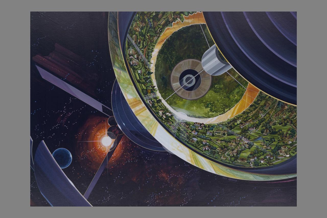 Artwork by: Rick Guidice Space Colonization - Bernal Sphere. EXTERIOR VIEW LOOKING INTO SPHERE.