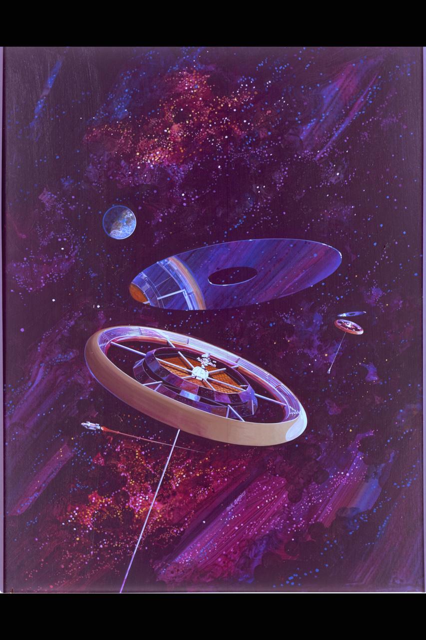 NASA Art by Rick Guidice The Torus Wheel from 'Space Settlements;   A Design Study' in colonization sponsored by NASA Ames, ASEE and Stanford University in the summer of 1975 to look at all aspects of sustained life in space.  (ref: NASA SP-413, library of congress catalog card number 76-600068)