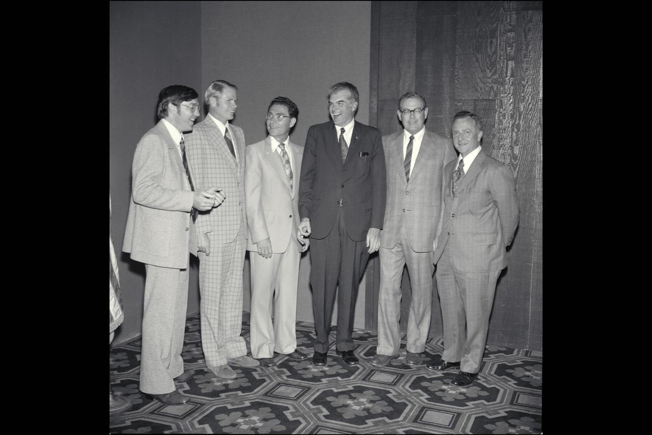 At Dr Hans Mark; Ames Director 1969-1977 farewell party are (left to right) Alan Chambers, Dale Compton, Jack Boyd, Hans Mark, Lloyd Jones, and John Dusterberry.