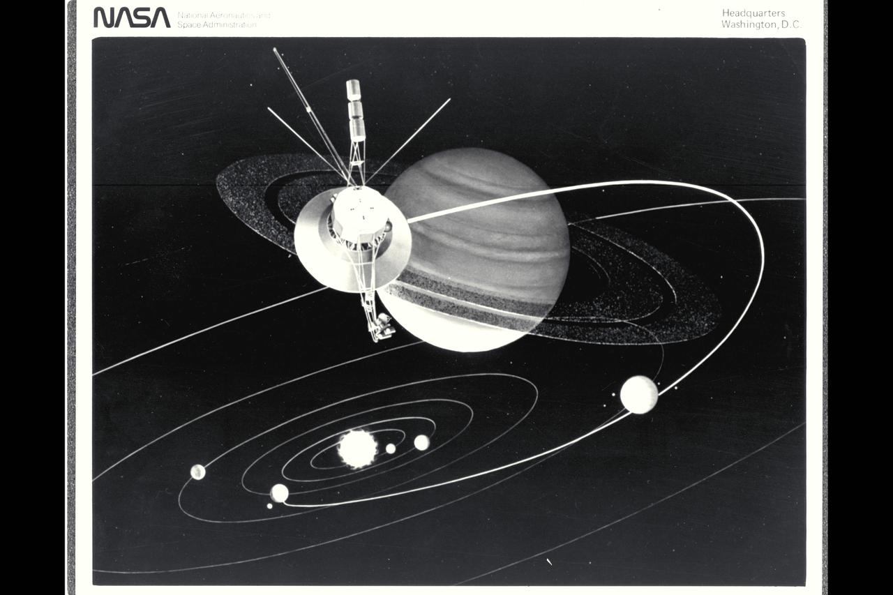 Artist: unknown (JPL) Saturn Voyager Mission Artwork depicts the spacecraft's path on it's journey to Saturn as it passed above the orbits of Mercury, Venus, Earth, Mars and around Jupiter.