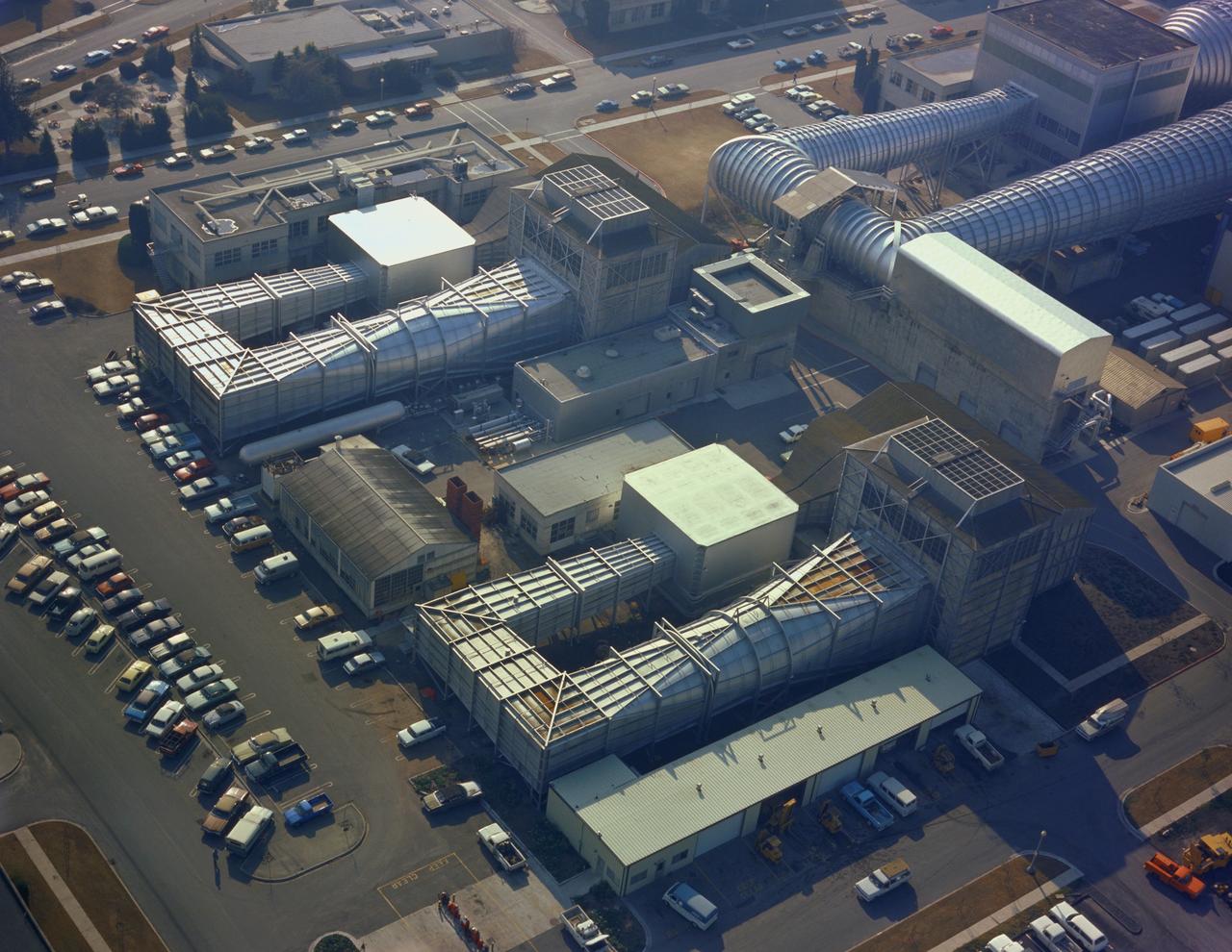 NASA Ames Research Center, Moffett Field, CA aerials: Two 7x10 Foot Wind Tunnels N-215 and N-216 (with composite title)