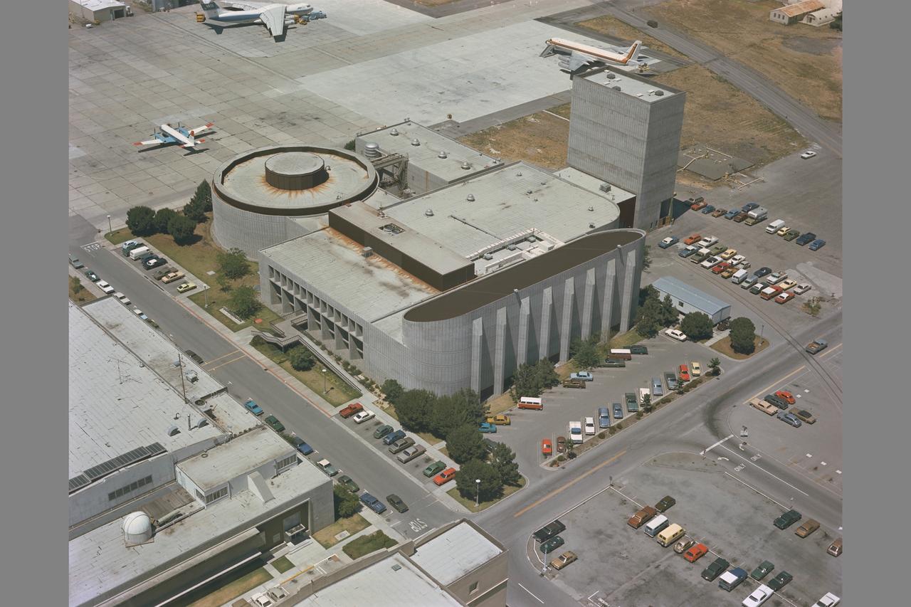 Aerial of Ames: N-243 (Flight and Guidance Simulation Laboratory) and N-243A (Simulation Equipment) houses the Vertical Motion Simulator (VMS) and the Crew Station Research Development Facility (CSRDF)