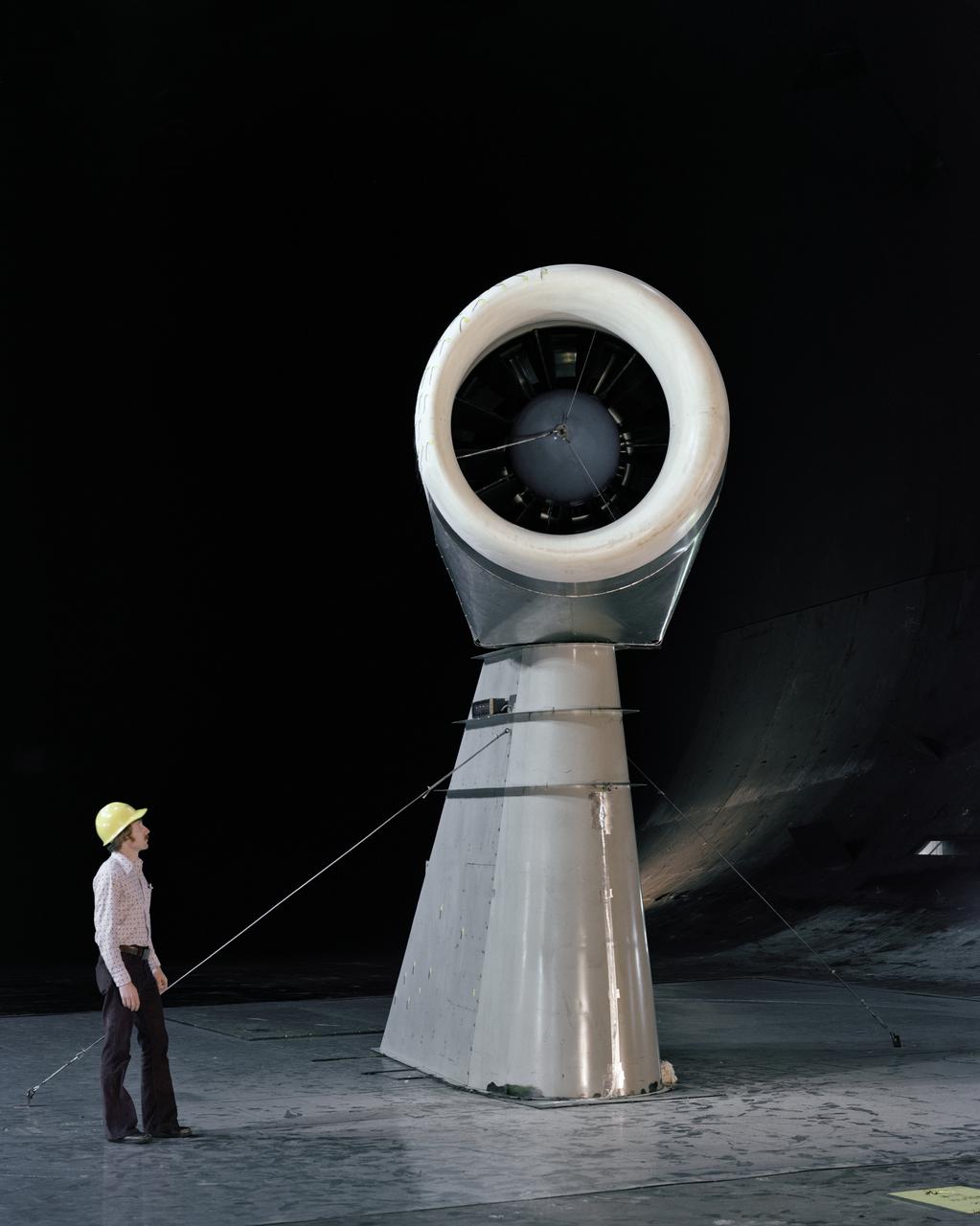 Q-Fan configuration in the Ames Research Center's 40x80ft. Subsonic Wind Tunnel with test engineer Mark Betzina.