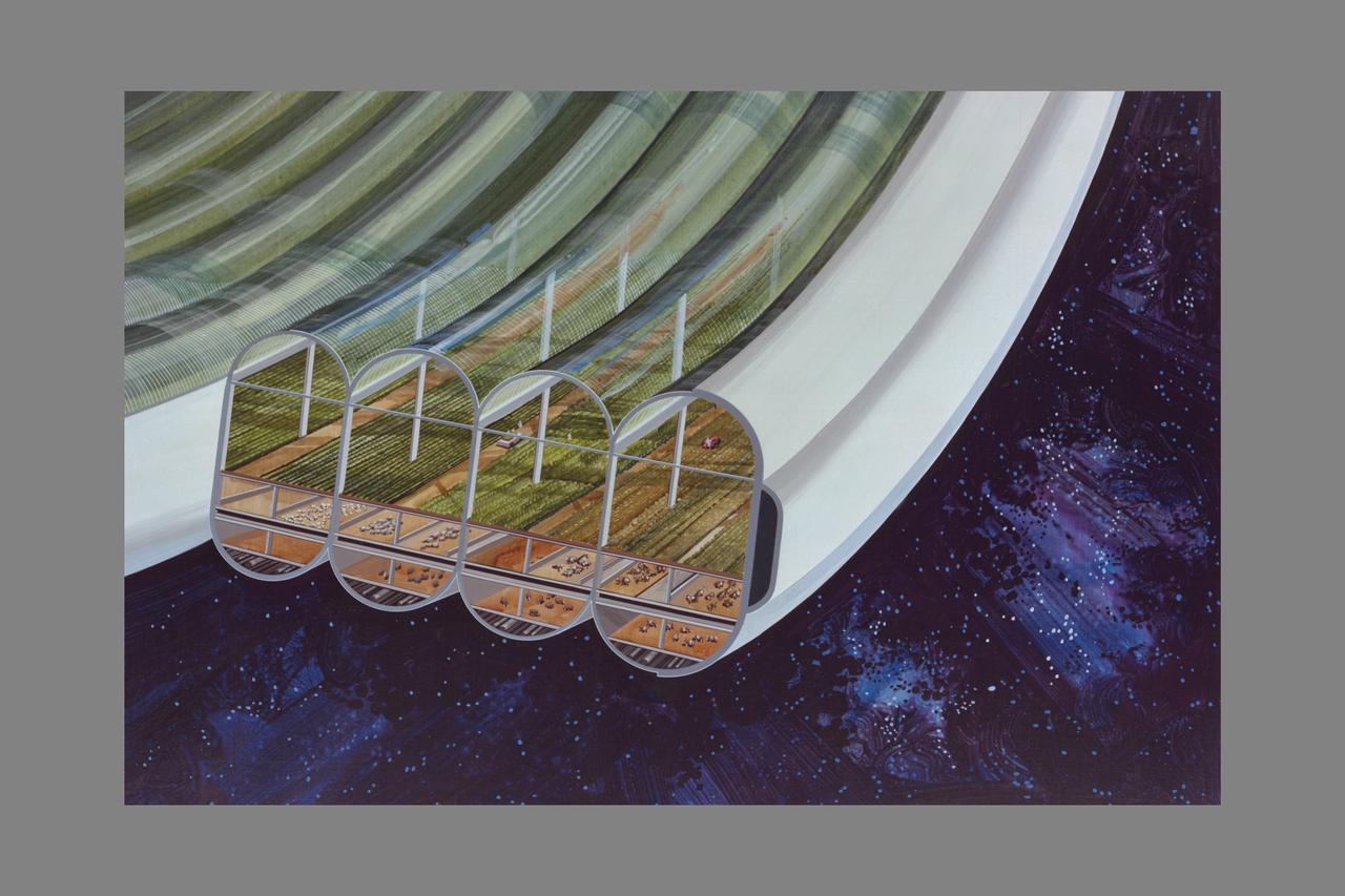 Artist: Rick Guidice Space Colonization regenerative life support systems. This concept from a summer study done in 1977 depicts a closed loop life support system for long duration space settlements or space industrialization.