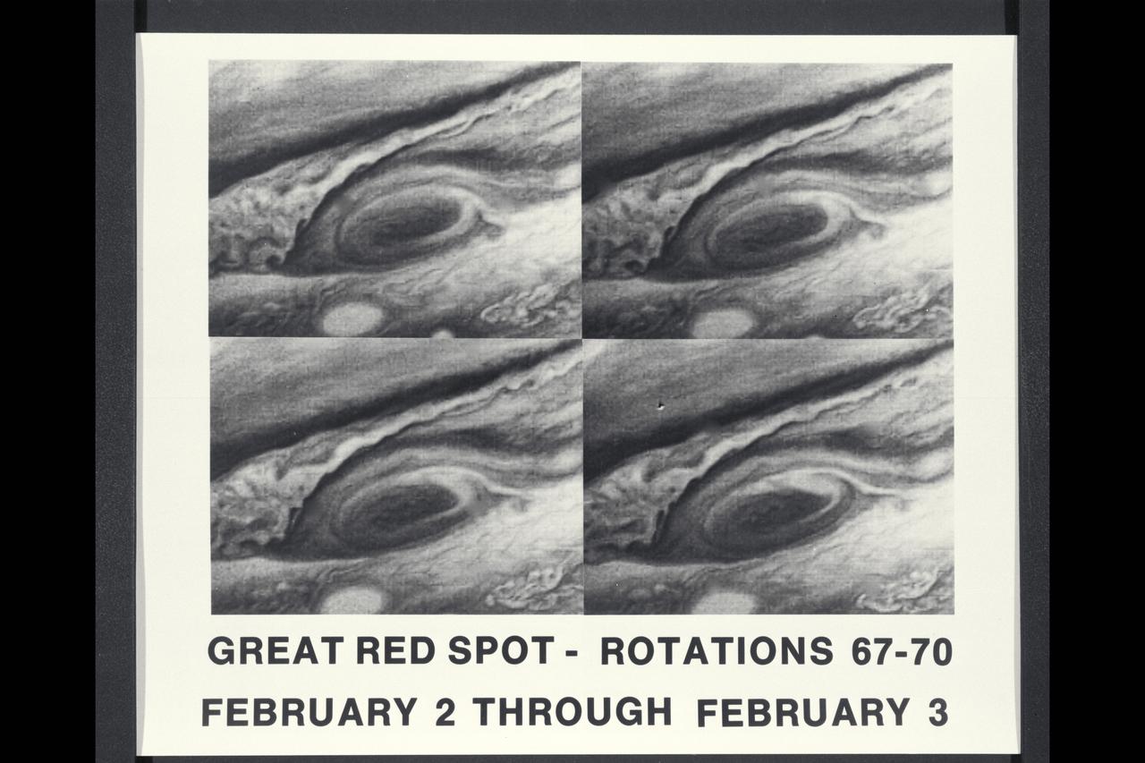 These four pictures of Jupiter's Great Red Spot were taken Feb. 2 and 3, 1979, when Voyager 1 was about 31 million kilometers (19.4 million  miles) from Jupiter.  The pictures were taken one Jupiter rotation apart, so that together they depict four days in the life of the centuries-old Red Spot.  The pictures clearly demonstrate changes in circulation around the Red Spot during the 40-hour period.  The photos were taken through a blue filter.  Jet Propulsion Laboratory manages the Voyager project for NASA's Office of Space Science. (JPL ref. No. P-21148)