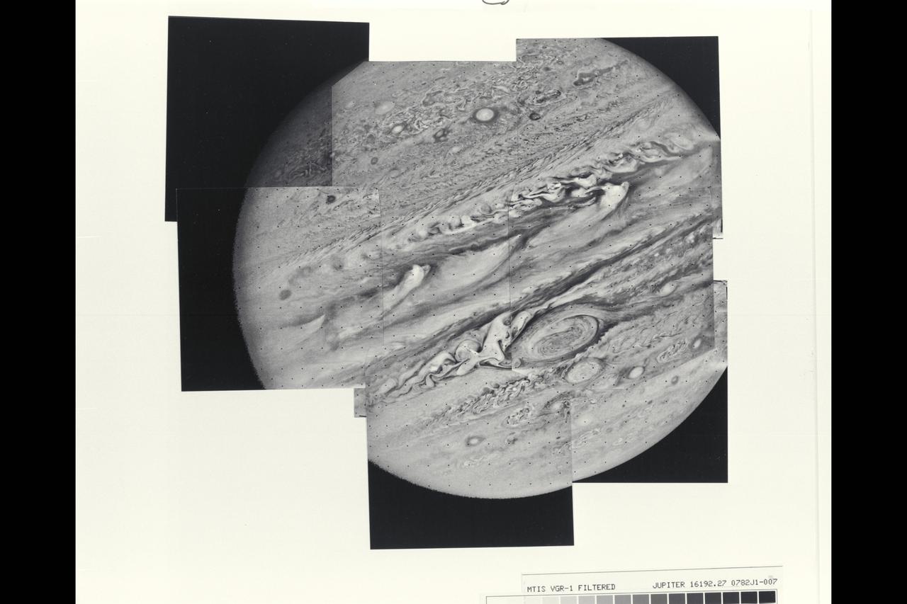 This mosaic of Jupiter was assembled from nine individual photos taken through an orange filter by Voyager 1 on Feb. 6, 1979, when the spacecraft was 4.7 million miles (7.8 million kilometers) from Jupiter. Distortion of the mosaic, especially where portions of the limb have been fitted together, is caused by rotation of the planet during the 96-second intervals between individual pictures. The large atmospheric feature just below and to the right of center is the Great Red Spot. The complex structure of the cloud formations seen over the entire planet gives some hint of the equally complex motions in the Voyager 1 time-lapse photography. The smallest atomospheric features seen in this view are approximately 85 miles (140 kilometers) across. Voyager project is managed and controlled by Jet Propulsion Laboratory for NASA's Office of Space Science. (JPL ref. No. P-21146)