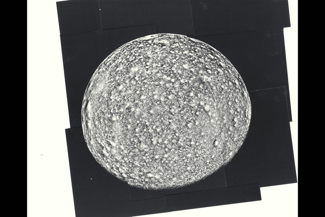 P-21746 BW Range: 390,000 kilometers (245,000 miles) This photomosaic of Callisto is composed of nine frames. The impact crater distribution is very uniform across the disk. Notable are the very bright rayed craters that probably are very young. Near the limb is a giant probable impact structure. Several large structures were discovered by Voyager 1. This one is smaller than the largest one found by Voyager 1 but is more clearly shown. About 15 concentric rings surround the bright central spot. Many hundreds of moderate sized impacts are also seen, a few with bright radial ray patterns. The limb is very smooth confirming that no high topography has been seen on the satellite, and observation consistent with its icy composition.